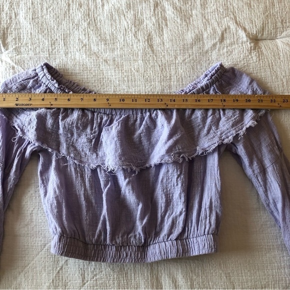 FAVLUX pastel lavender gauzy cotton off shoulder flare sleeves cropped sexy top - Picture 7 of 9